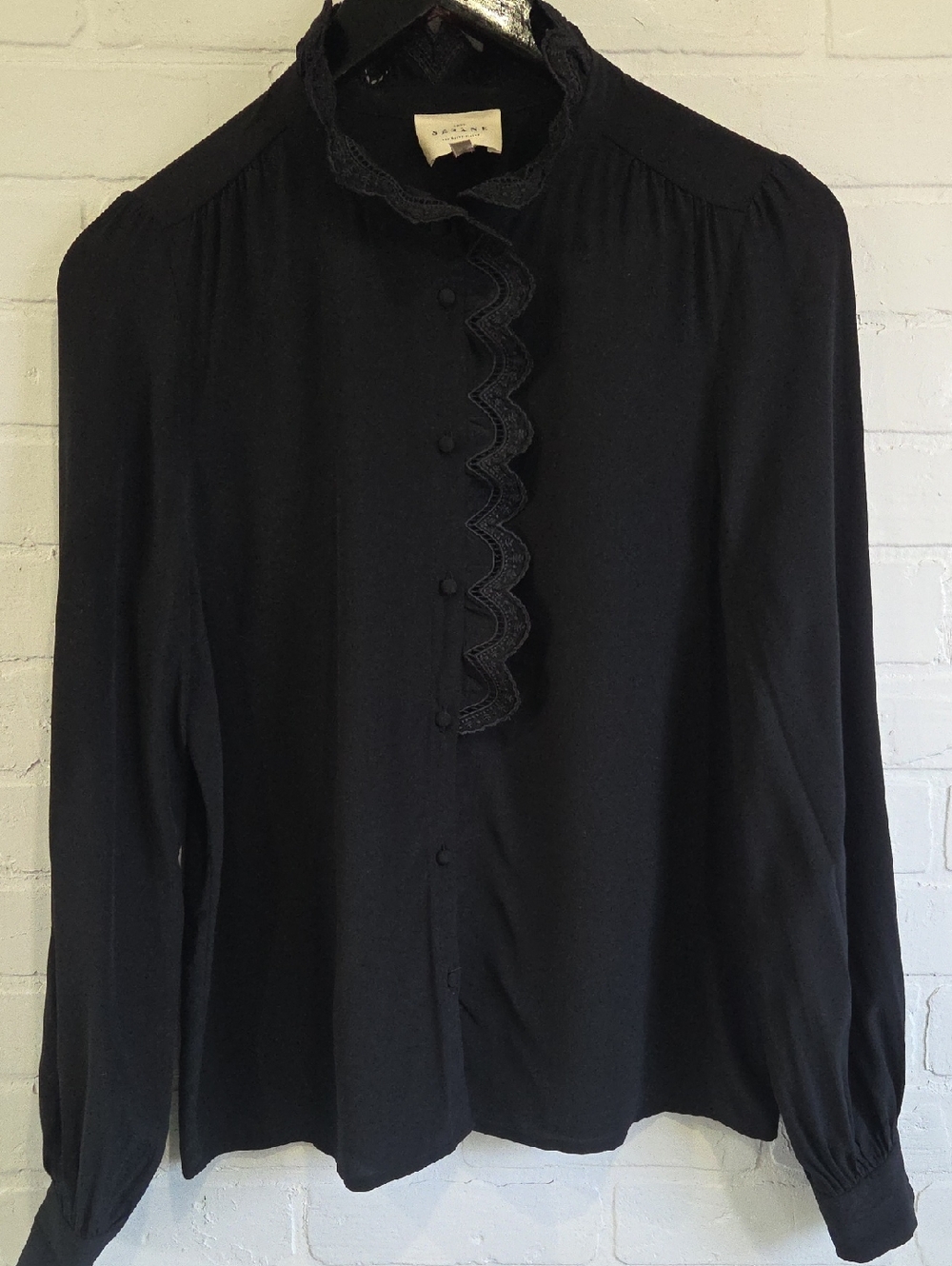 Sezane Silk Long Sleeve Ruffle-Trim Blouse
